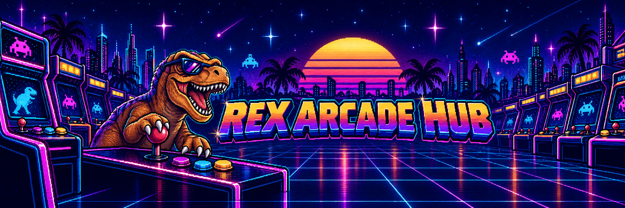 T-Rex mit Sonnenbrille am Arcade-Automaten vor einer Neon-Skyline – Rex Arcade Hub